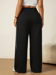SHEIN Rhythm Era Women's Plus Size Waist Tie Pocket Wide Leg Loose Sports Pants - Black - View 3