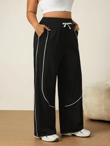 SHEIN Rhythm Era Women's Plus Size Waist Tie Pocket Wide Leg Loose Sports Pants - Black - View 6