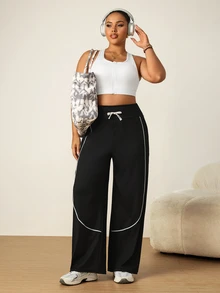 SHEIN Rhythm Era Women's Plus Size Waist Tie Pocket Wide Leg Loose Sports Pants - Black - View 2