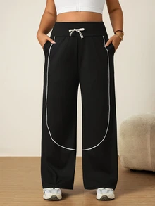 SHEIN Rhythm Era Women's Plus Size Waist Tie Pocket Wide Leg Loose Sports Pants - Black - View 4