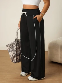SHEIN Rhythm Era Women's Plus Size Waist Tie Pocket Wide Leg Loose Sports Pants - Black - View 7