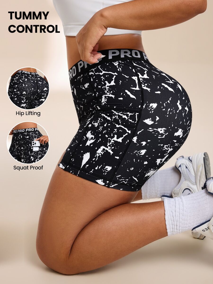 SHEIN Rhythm Era Plus Size High Waist Slim Fit Athletic Shorts Gym Sports Black And White Summer - Multicolor - View 1
