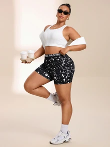 SHEIN Rhythm Era Plus Size High Waist Slim Fit Athletic Shorts Gym Sports Black And White Summer - Multicolor - View 7
