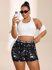 SHEIN Rhythm Era Plus Size High Waist Slim Fit Athletic Shorts Gym Sports Black And White Summer - Multicolor - View 2