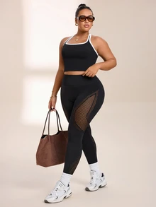 SHEIN Rhythm Era Women's Plus Size Hollow Out Patchwork Sports Leggings - Black - View 5