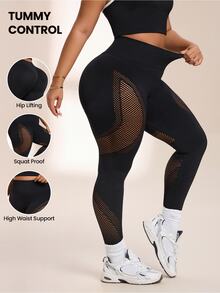 SHEIN Rhythm Era Women's Plus Size Hollow Out Patchwork Sports Leggings - Black - View 1