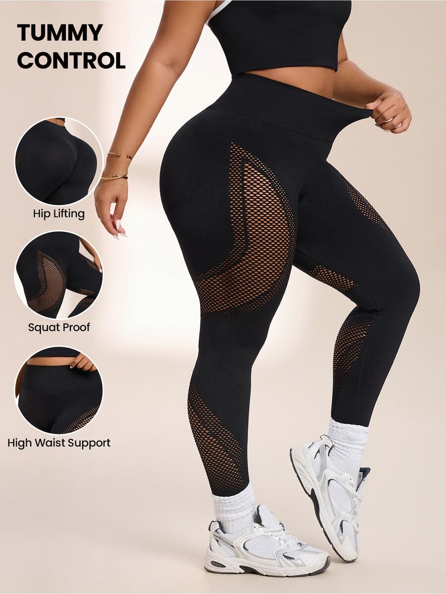 SHEIN Rhythm Era Women's Plus Size Hollow Out Patchwork Sports Leggings - Black - View 1