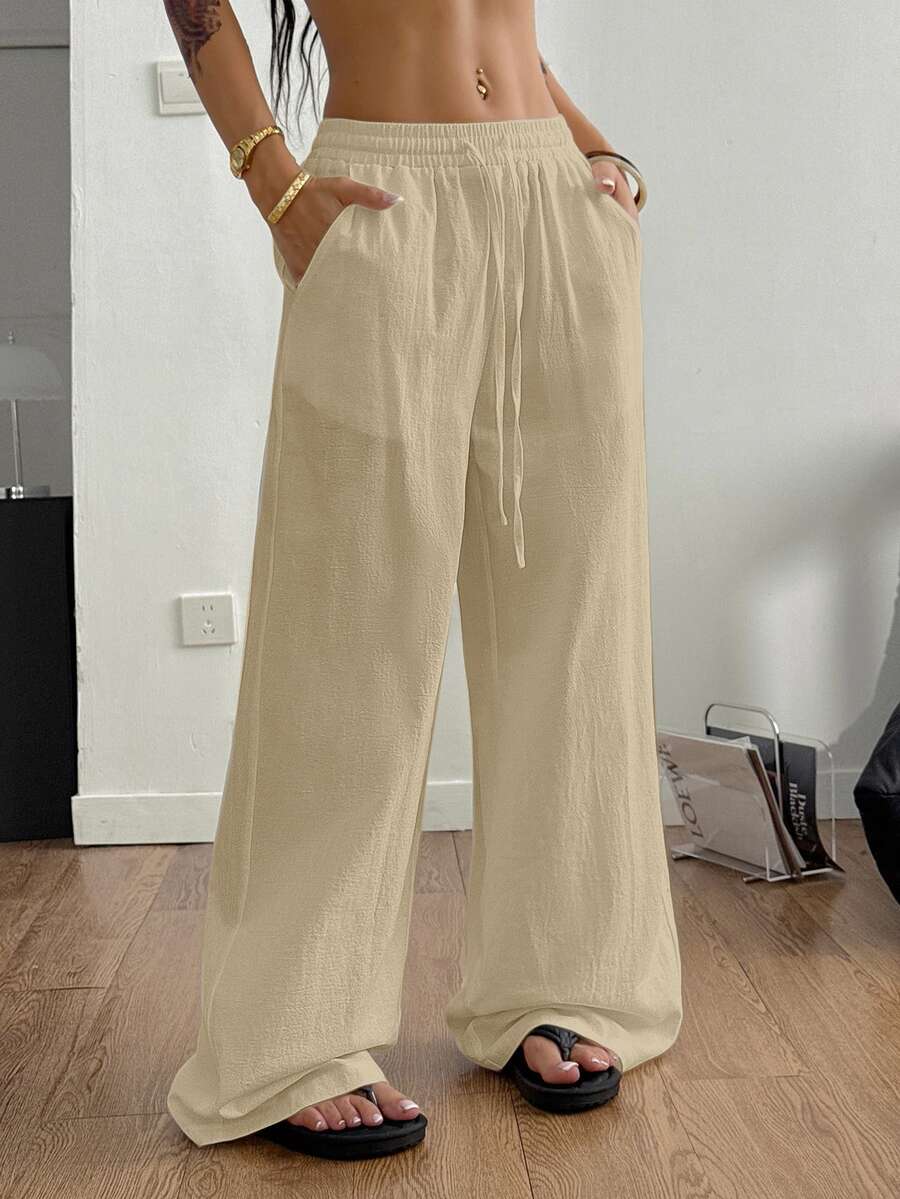 SHEIN Tall CURVE 大尺碼休閒百搭純色寬鬆長褲 - 杏色 - 查看 1
