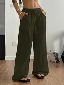 SHEIN PETITE CURVE 女款大尺碼純色抽繩腰寬腿寬鬆休閒長褲 - 軍綠色 - 查看 1