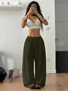 SHEIN PETITE CURVE 女款大尺碼純色抽繩腰寬腿寬鬆休閒長褲 - 軍綠色 - 查看 3