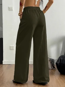 SHEIN PETITE CURVE 女款大尺碼純色抽繩腰寬腿寬鬆休閒長褲 - 軍綠色 - 查看 6