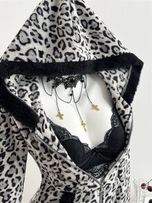 Elamini 秋冬季休闲撞色保暖豹纹抽绳拉链修身柔软卫衣上衣，女款，返校季 - 彩色 - 查看 1
