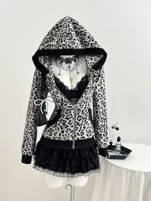 Elamini 秋冬季休闲撞色保暖豹纹抽绳拉链修身柔软卫衣上衣，女款，返校季 - 彩色 - 查看 3