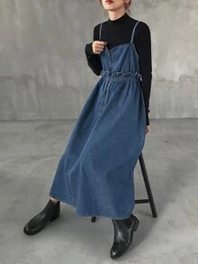 FRIFUL Women's Fashion Zipper Ruffle Strap Denim Dress Fall - Blue - View 5