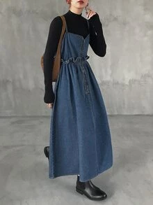 FRIFUL Women's Fashion Zipper Ruffle Strap Denim Dress Fall - Blue - View 3