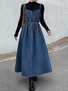 FRIFUL Women's Fashion Zipper Ruffle Strap Denim Dress Fall - Blue - View 1