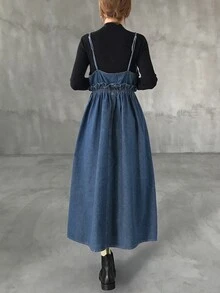 FRIFUL Women's Fashion Zipper Ruffle Strap Denim Dress Fall - Blue - View 2
