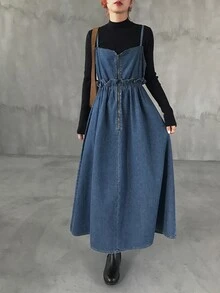 FRIFUL Women's Fashion Zipper Ruffle Strap Denim Dress Fall - Blue - View 4