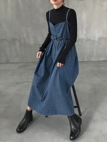 FRIFUL Women's Fashion Zipper Ruffle Strap Denim Dress Fall - Blue - View 7