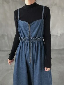 FRIFUL Women's Fashion Zipper Ruffle Strap Denim Dress Fall - Blue - View 8