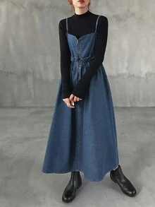 FRIFUL Women's Fashion Zipper Ruffle Strap Denim Dress Fall - Blue - View 6
