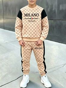 2件組青少年男孩休閒街頭風運動衫慢跑褲套裝，黑色奶油色字母熊印花，寬鬆長袖，校園秋季風格 - 彩色 - 查看 4
