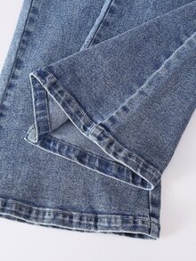 Genkimix Kids 女童復古可愛 Y2K 街頭風美學磨損牛仔褲 海軍藍水洗 蝴蝶刺繡 喇叭褲 棉彈力 校園運動風 - 中等水洗藍 - 查看 10