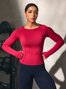 Solea Cove Women's Solid Color Slim Fit Long Sleeve Sports T-Shirt - Burgundy - View 3