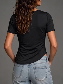SHEIN Women's Black Ribbed Lapel Frog Button Ruched T-Shirt, New Chinese Elegant Tee For Summer Daily Casu - Black - View 2