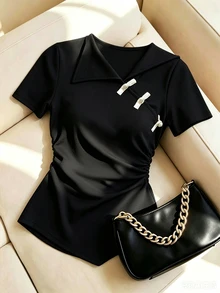 SHEIN Women's Black Ribbed Lapel Frog Button Ruched T-Shirt, New Chinese Elegant Tee For Summer Daily Casu - Black - View 5