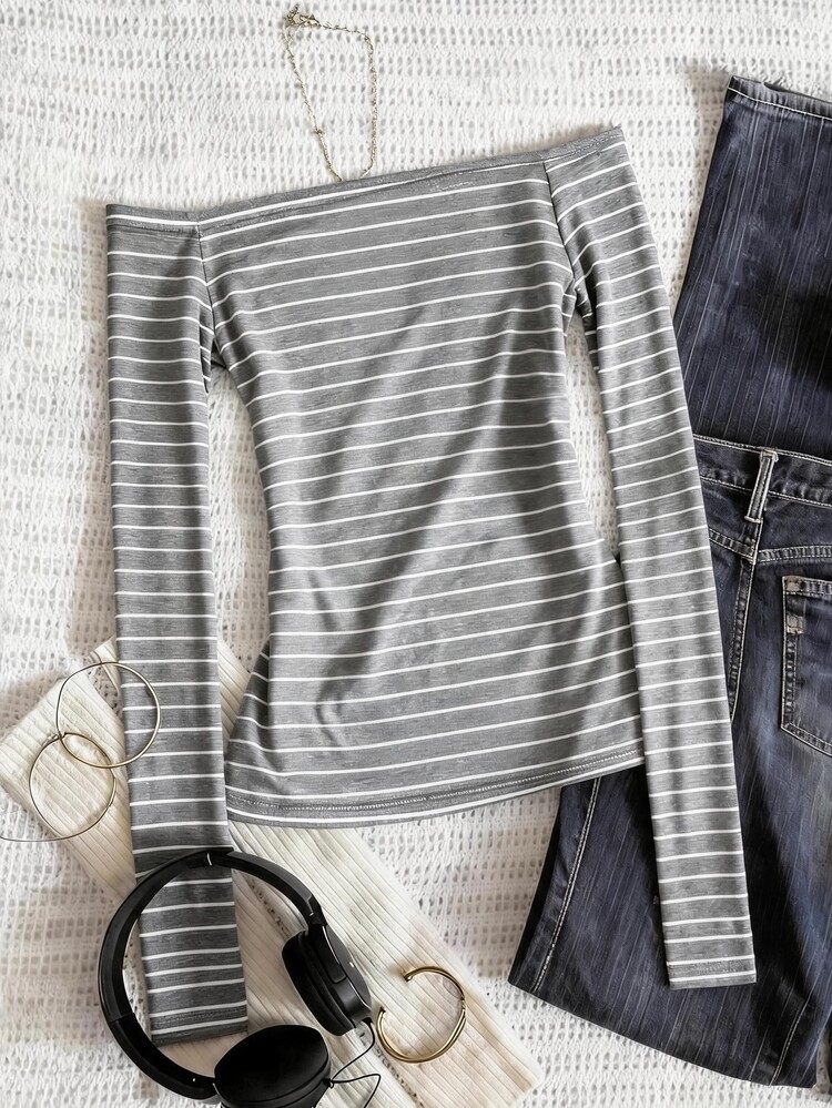 IslaSuriya Striped Digital Print Fashionable Minimalist Women's Off Shoulder Long Sleeve T-Shirt, Gift For Friends - Multicolor - View 2