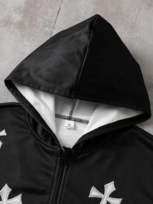 SHEIN Coolqubz 青少年男孩 2 件套套裝，酷炫補丁裝飾全拉鍊連帽夾克與彈性腰慢跑長褲街頭風運動服套裝 - 黑色 - 查看 3