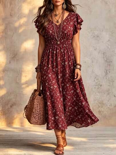 SHEIN LUNE CURVE Plus Size Shirred Ditsy Floral Ruffle Trim Waist Tie Vacation Dress For New Year Clothes Maxi Women Outfit