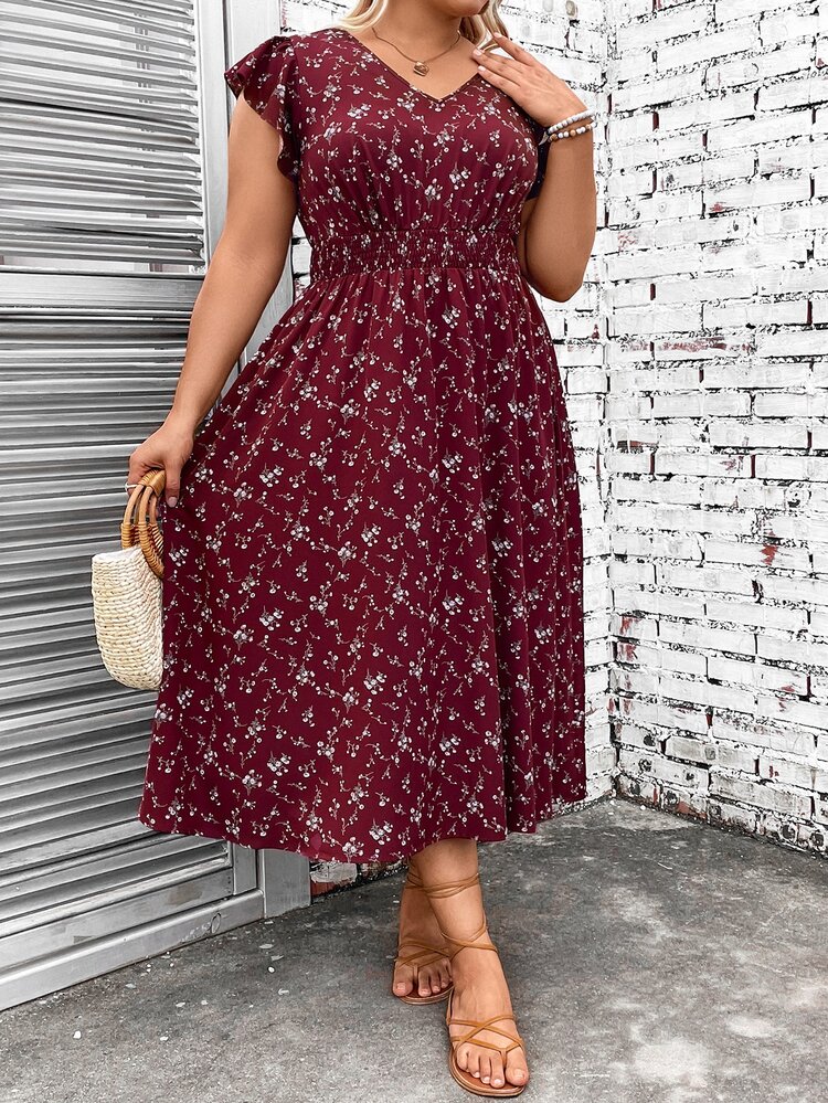 SHEIN LUNE CURVE Plus Size Shirred Ditsy Floral Ruffle Trim Waist Tie Vacation Dress For New Year Clothes Maxi Women Outfit - Red - View 8