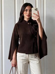 Omancia Women's Chinese Style Small Stand Collar Sleeve Slit Tie-Up Frog Button Cardigan Sweater - Brown - View 6