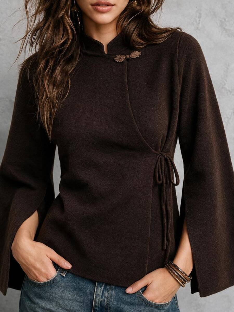 Omancia Women's Chinese Style Small Stand Collar Sleeve Slit Tie-Up Frog Button Cardigan Sweater - Brown - View 1