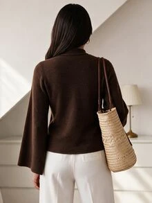 Omancia Women's Chinese Style Small Stand Collar Sleeve Slit Tie-Up Frog Button Cardigan Sweater - Brown - View 2
