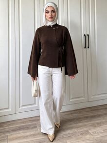 Omancia Women's Chinese Style Small Stand Collar Sleeve Slit Tie-Up Frog Button Cardigan Sweater - Brown - View 4