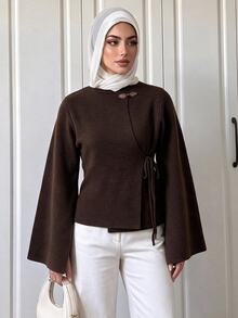 Omancia Women's Chinese Style Small Stand Collar Sleeve Slit Tie-Up Frog Button Cardigan Sweater - Brown - View 5