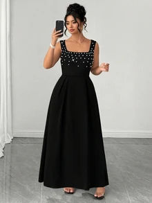 Elenzga Plus-Size Elegant Square Neck Sleeveless A-Line Long Dress For Women, Pearl-Embellished Black Dress, Suitable For Romantic Dates, Vacations, Birthdays, Formal Women's Dresses, Evening Dresses, Graduation Dresses, Spring Dresses, Summer Women's Outfits, Wedding Guest Dresses, Luxury Evening Wedding Dresses, Bridesmaid Dresses, And Prom Dresses. - Black - View 3