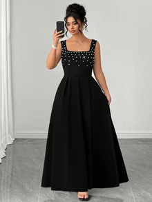 Elenzga Plus-Size Elegant Square Neck Sleeveless A-Line Long Dress For Women, Pearl-Embellished Black Dress, Suitable For Romantic Dates, Vacations, Birthdays, Formal Women's Dresses, Evening Dresses, Graduation Dresses, Spring Dresses, Summer Women's Outfits, Wedding Guest Dresses, Luxury Evening Wedding Dresses, Bridesmaid Dresses, And Prom Dresses. - Black - View 4