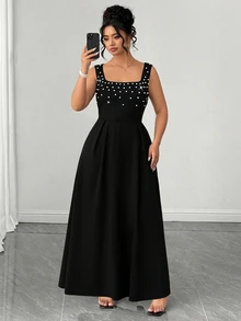 Elenzga Plus-Size Elegant Square Neck Sleeveless A-Line Long Dress For Women, Pearl-Embellished Black Dress, Suitable For Romantic Dates, Vacations, Birthdays, Formal Women's Dresses, Evening Dresses, Graduation Dresses, Spring Dresses, Summer Women's Outfits, Wedding Guest Dresses, Luxury Evening Wedding Dresses, Bridesmaid Dresses, And Prom Dresses. - Black - View 6