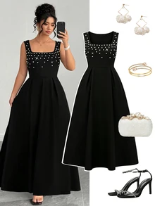 Elenzga Plus-Size Elegant Square Neck Sleeveless A-Line Long Dress For Women, Pearl-Embellished Black Dress, Suitable For Romantic Dates, Vacations, Birthdays, Formal Women's Dresses, Evening Dresses, Graduation Dresses, Spring Dresses, Summer Women's Outfits, Wedding Guest Dresses, Luxury Evening Wedding Dresses, Bridesmaid Dresses, And Prom Dresses. - Black - View 5