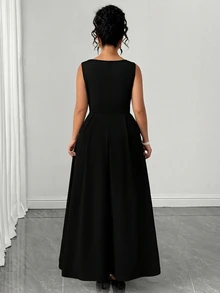 Elenzga Plus-Size Elegant Square Neck Sleeveless A-Line Long Dress For Women, Pearl-Embellished Black Dress, Suitable For Romantic Dates, Vacations, Birthdays, Formal Women's Dresses, Evening Dresses, Graduation Dresses, Spring Dresses, Summer Women's Outfits, Wedding Guest Dresses, Luxury Evening Wedding Dresses, Bridesmaid Dresses, And Prom Dresses. - Black - View 2