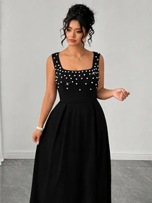 Elenzga Plus-Size Elegant Square Neck Sleeveless A-Line Long Dress For Women, Pearl-Embellished Black Dress, Suitable For Romantic Dates, Vacations, Birthdays, Formal Women's Dresses, Evening Dresses, Graduation Dresses, Spring Dresses, Summer Women's Outfits, Wedding Guest Dresses, Luxury Evening Wedding Dresses, Bridesmaid Dresses, And Prom Dresses. - Black - View 7
