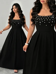 Elenzga Plus-Size Elegant Square Neck Sleeveless A-Line Long Dress For Women, Pearl-Embellished Black Dress, Suitable For Romantic Dates, Vacations, Birthdays, Formal Women's Dresses, Evening Dresses, Graduation Dresses, Spring Dresses, Summer Women's Outfits, Wedding Guest Dresses, Luxury Evening Wedding Dresses, Bridesmaid Dresses, And Prom Dresses. - Black - View 1