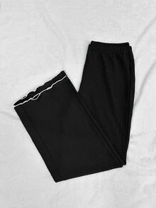 SHEIN 撞色滚边提花针织女式休闲裤 - 黑色 - 查看 2