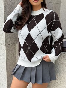 Cravure Plus Size High Neck Argyle Vintage Lazy Slimming Flattering Long Sleeve Versatile Pullover Sweater - Multicolor - View 7