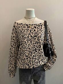 SHEIN EZwear 女款開學穿搭衛衣，露肩多種穿法，休閒街頭時尚豹紋，適合夜店派對 - 彩色 - 查看 3
