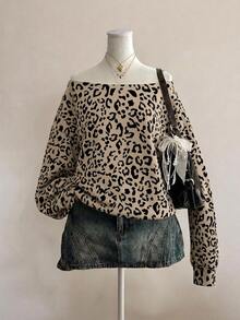 SHEIN EZwear 女款開學穿搭衛衣，露肩多種穿法，休閒街頭時尚豹紋，適合夜店派對 - 彩色 - 查看 4